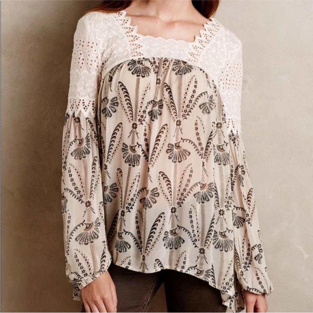 Anthropologie Floreat Cantana Lace Peasant Blouse Cream Size 6